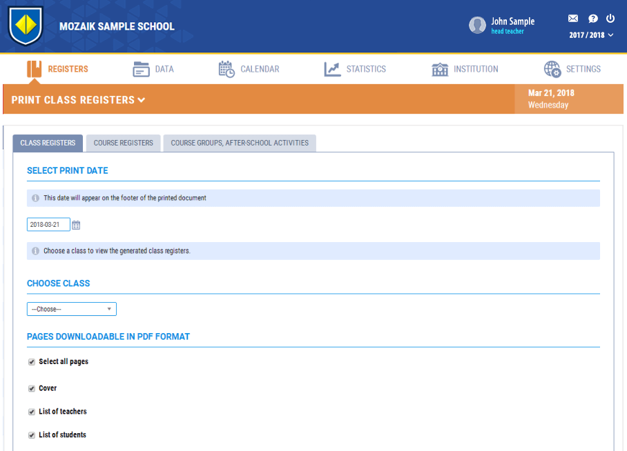Printing entire school register