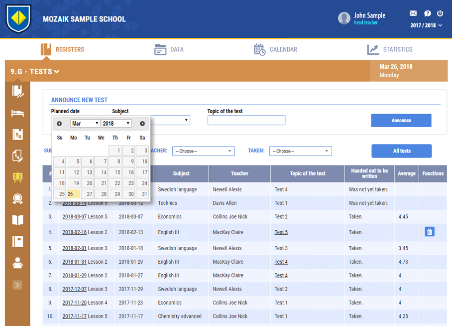 Planning and notifying students of tests