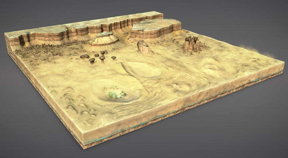 Aeolian landforms in deserts
