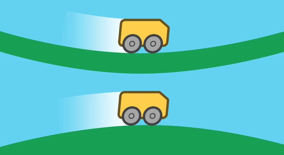 Two cars moving on different shaped tracks