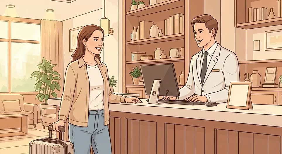 En la recepción de un hotel