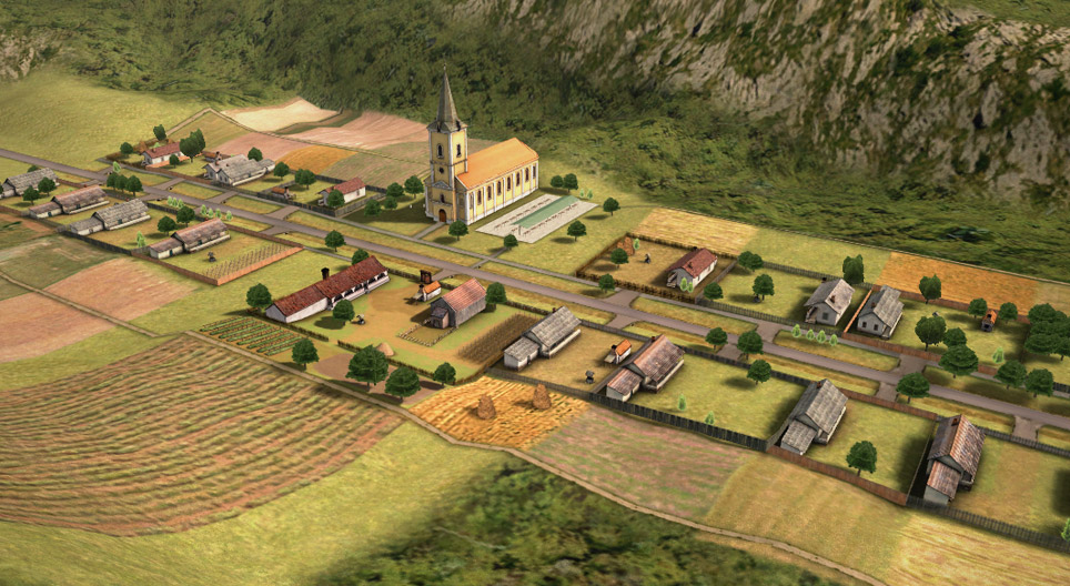 Pueblo de una sola calle con parcelas