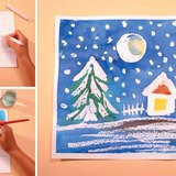 Desenho e pintura de cera de uma paisagem de inverno