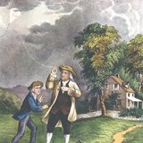 Benjamin Franklin e o seu filho "capturam os raios do céu"