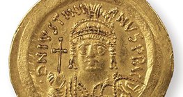 Justiniano I, imperador bizantino (527-565), representado em uma moeda