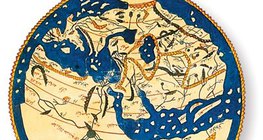 O geógrafo árabe, o mapa de Al-Idrisi gravado em uma placa de prata (século XII)