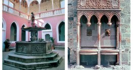 As principais atrações do renovado Castelo Visegrád são a fonte de mármore vermelho e a fonte com leões