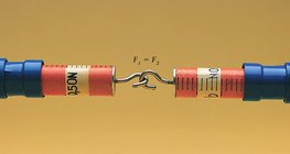 As duas balanças de mola mostram força igual quando afastadas umas das outras