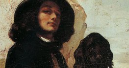 Gustave Courbet: Auto-retrato com um cachorro preto (1844, realismo, detalhe)
