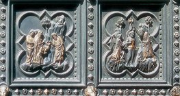 Relevos moldados na porta sul do Batistério de São João em Florença (Ghiberti, 1452, Renascença)