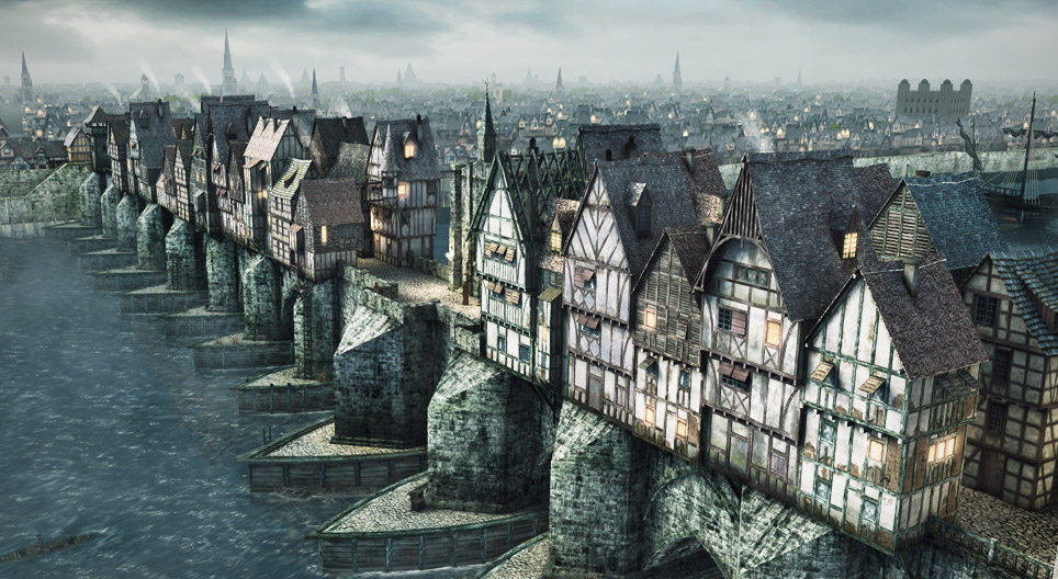 Ponte medieval habitada (Ponte de Londres, século XVI)